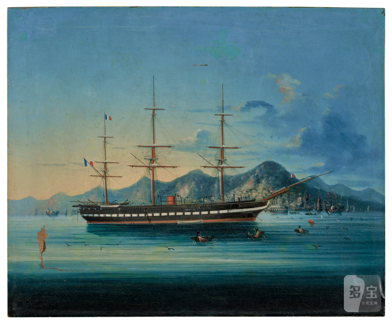 清十九世紀 外銷船畫 布面油畫  A French pavilion amid junks arriving at the port - 图2